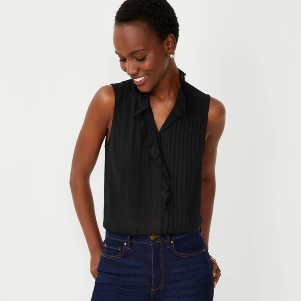 Ann Taylor Ruffle Pintucked Popover Shell Blouse Top Black Size Small